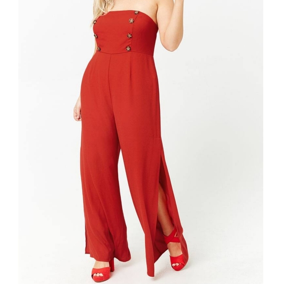 Red Double Breasted Strapless Jumpsuit - Picture 2 of 3